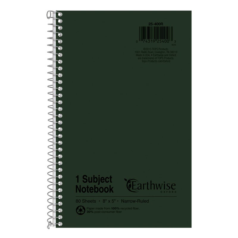 Ampad Single Wire Notebook, Recycled, Size 8x5, 1 Subject ,Green Cover, Narrow Ruled, Not 3 Hole Punched, 80 Sheets per Notebook (25-400R) - Image 1